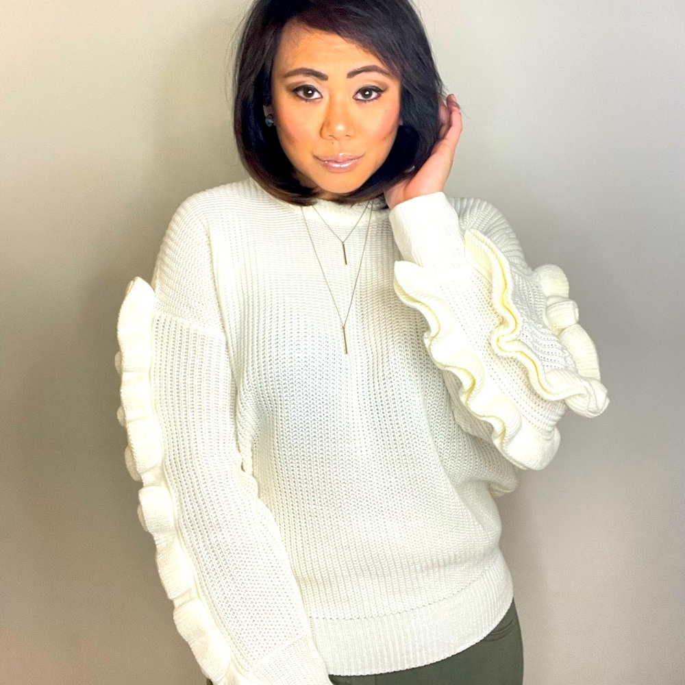 Vine & Love Ruffle Sleeve Knit Sweater in Ivory